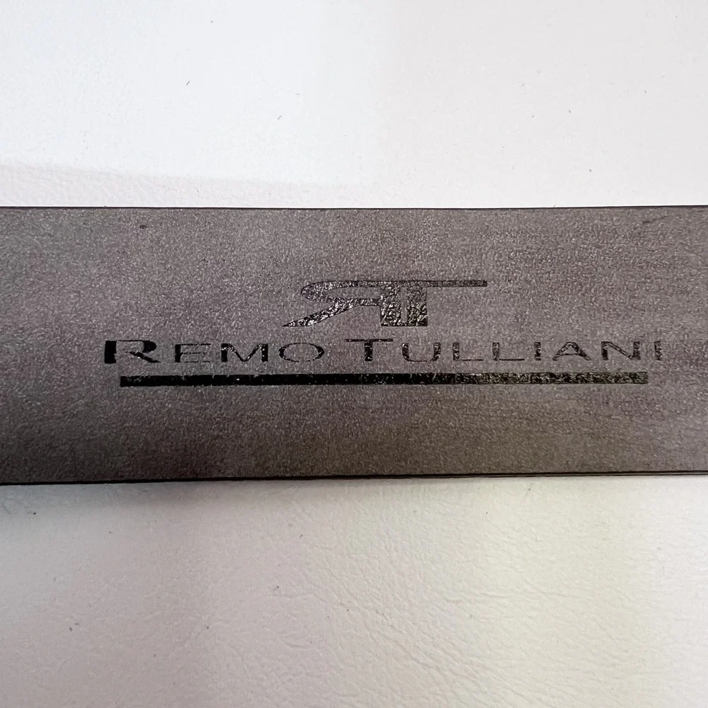 REMO TULLIANO Men Italian Leather Black Texture Belt 46 Silver Finish Buckle USA